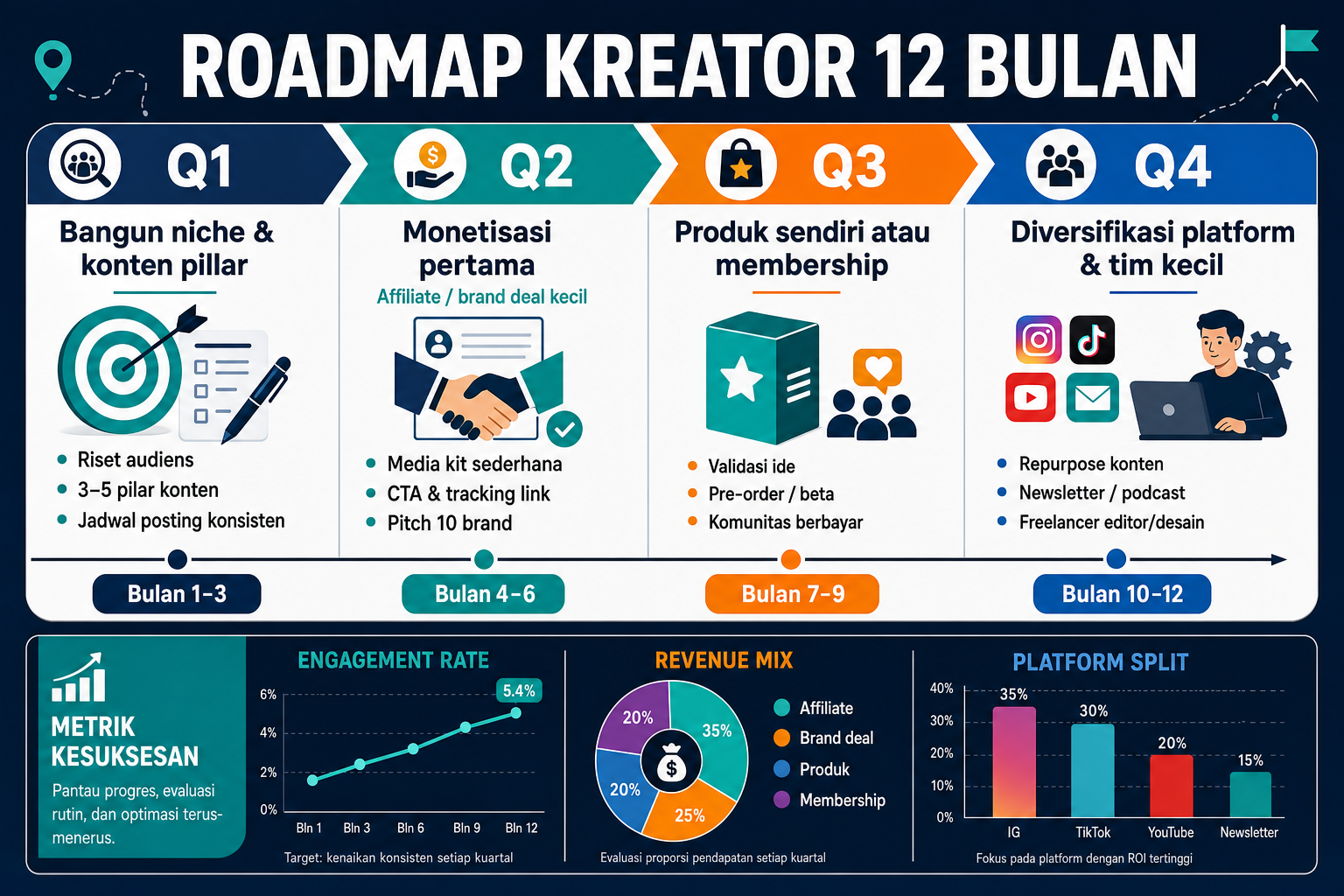 Roadmap 12 bulan untuk kreator: dari bangun niche sampai diversifikasi platform dan produk sendiri.