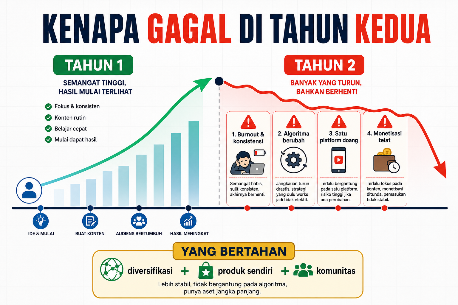 Empat penyebab kreator gagal di tahun kedua: burnout, algoritma berubah, satu platform, dan monetisasi terlambat.