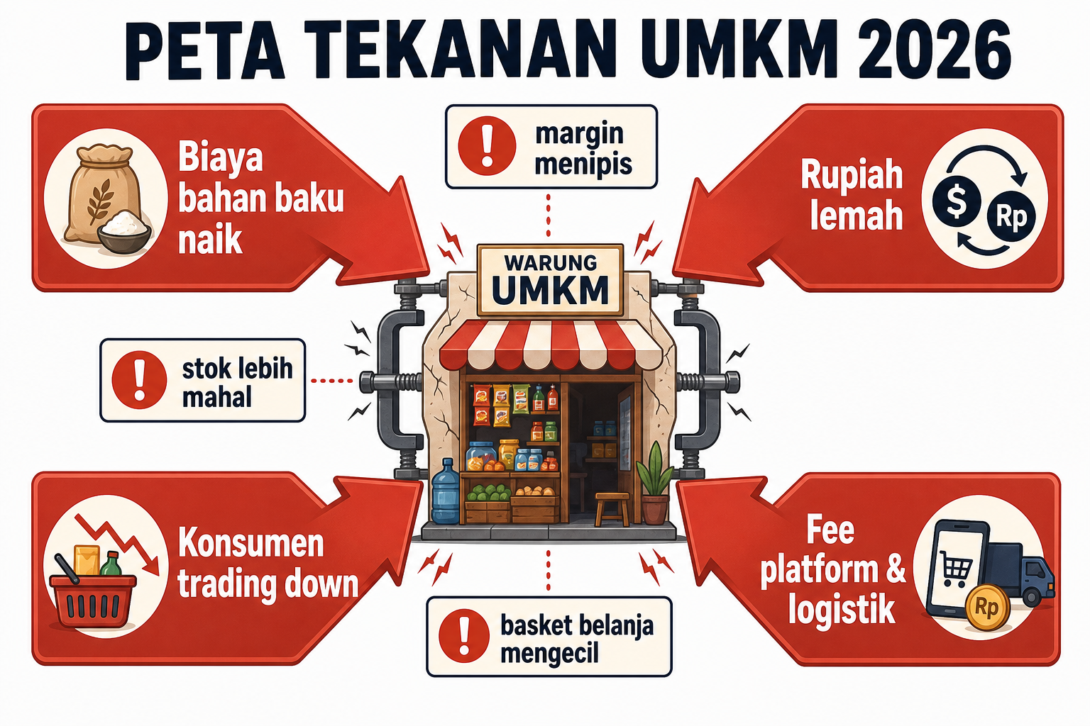 Peta tekanan UMKM 2026: biaya naik dari atas, konsumen makin hemat dari bawah.