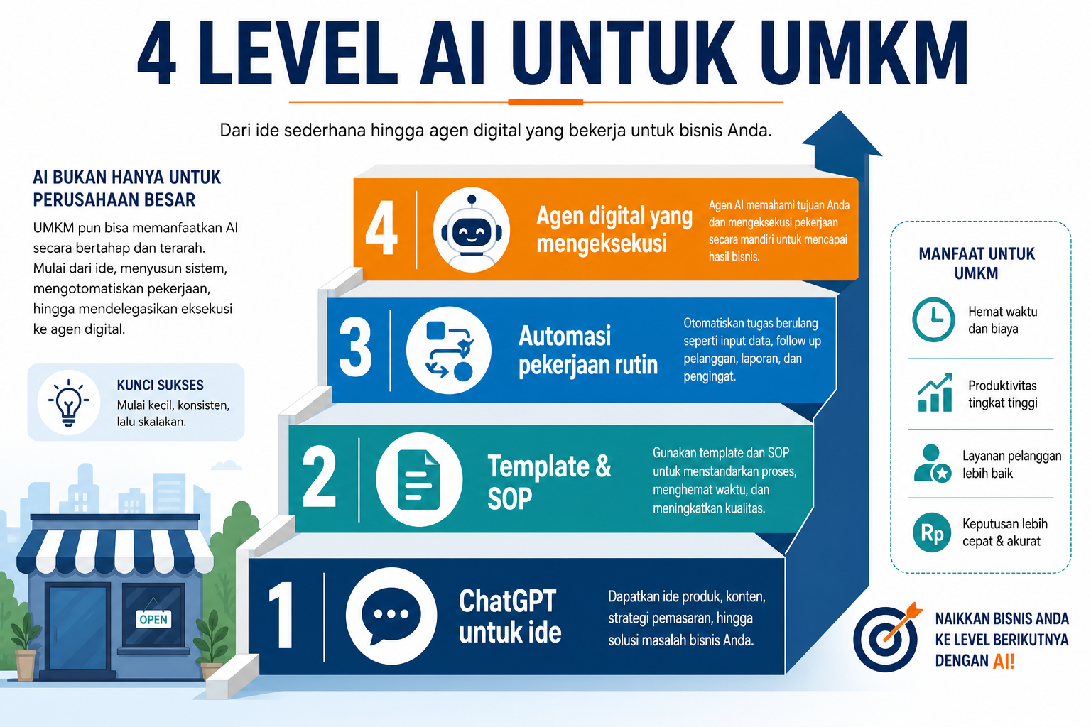 Empat level pemanfaatan AI untuk UMKM: dari ide sampai agen digital.